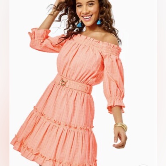 Lilly Pulitzer Dresses & Skirts - NWT Lilly Pulitzer Louisa Belted Off the Shoulder Mini Dress in Papaya Punch M